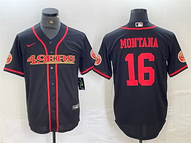 Men's San Francisco 49ers #16 Joe Montana Black With Patch Cool Base Stitched Baseball Jersey Men's San Francisco 49ers #16 Joe Montana Black With Patch Cool Base Stitched Baseball Jersey